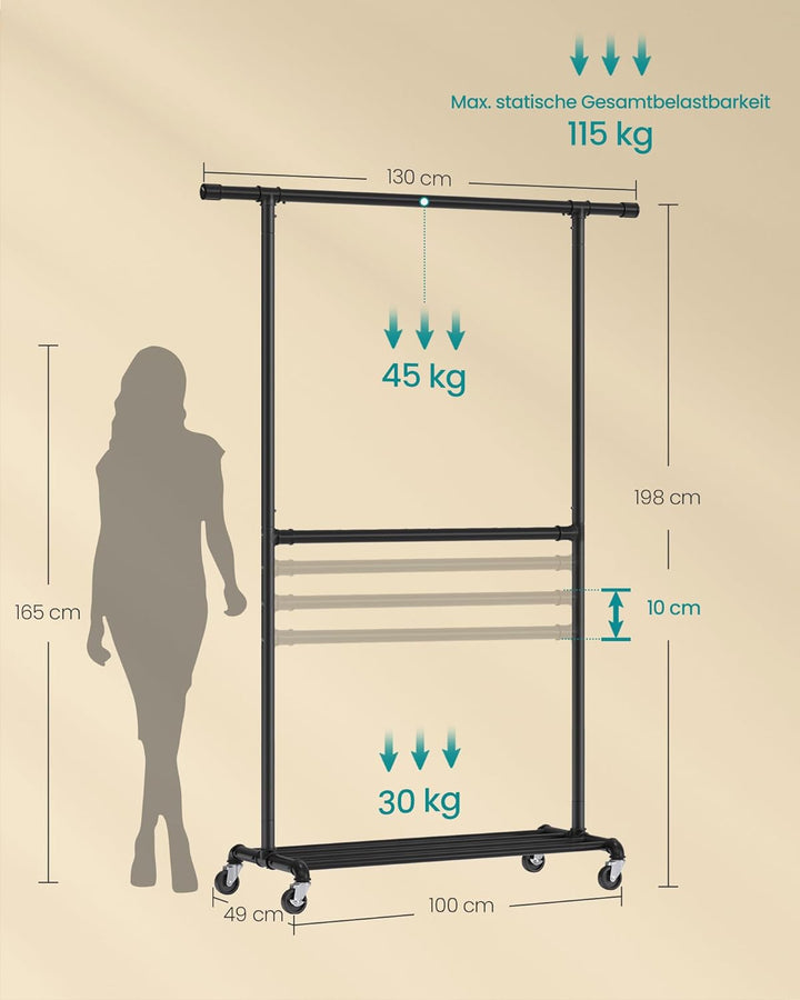SONGMICS Kleiderständer im Industriedesign, bis 110 kg belastbar, Garderobenständer auf Rollen, 2 Kl