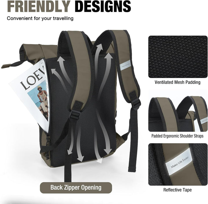 Lekeinchi Rolltop Rucksack Damen & Herren, Elegant Laptop Rucksack Wasserdicht mit 17 Zoll Laptopfac