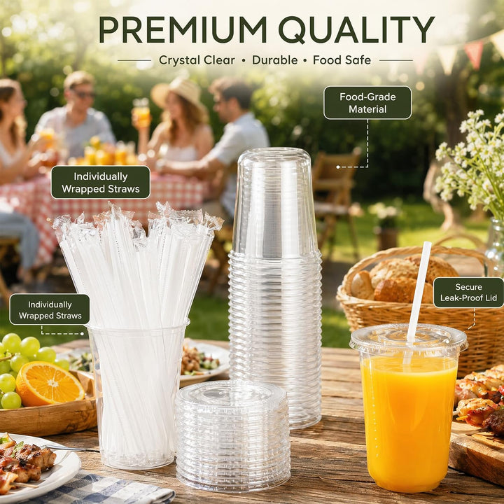 50PCS Plastikbecher mit Deckel und Strohhalm (16 Floz), Dessertbecher, Smoothie Becher, für Milchsha