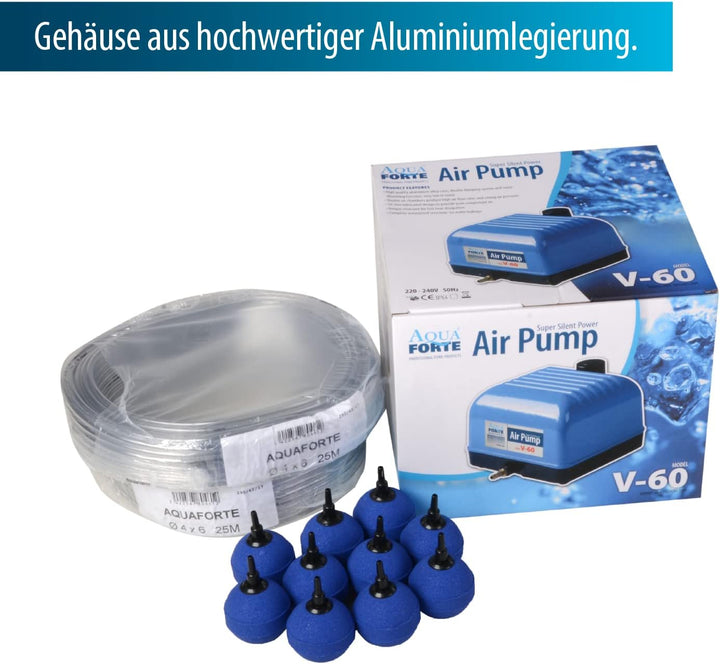 AquaForte Hi-Flow V-60 Luftpumpenset, Komplettset mit Luftverteilern, 50 m Schlauch 4 x 6 mm und 10