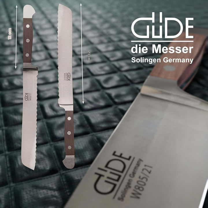 GÜDE Solingen - Brotmesser geschmiedet, 21 cm, Walnussholz, ALPHA WALNUSS, Doppelkropf, Handmade Ger