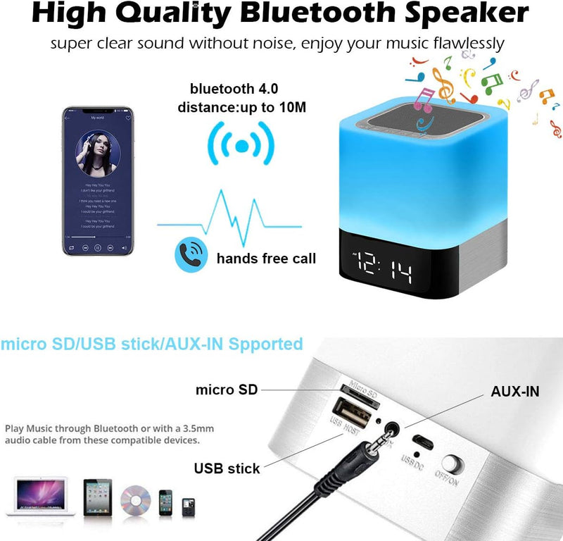 Bluetooth Lautsprecher mit Licht Nachttischlampe Touch Dimmbar Wecker Nachtlicht RGB Farbwechsel LED