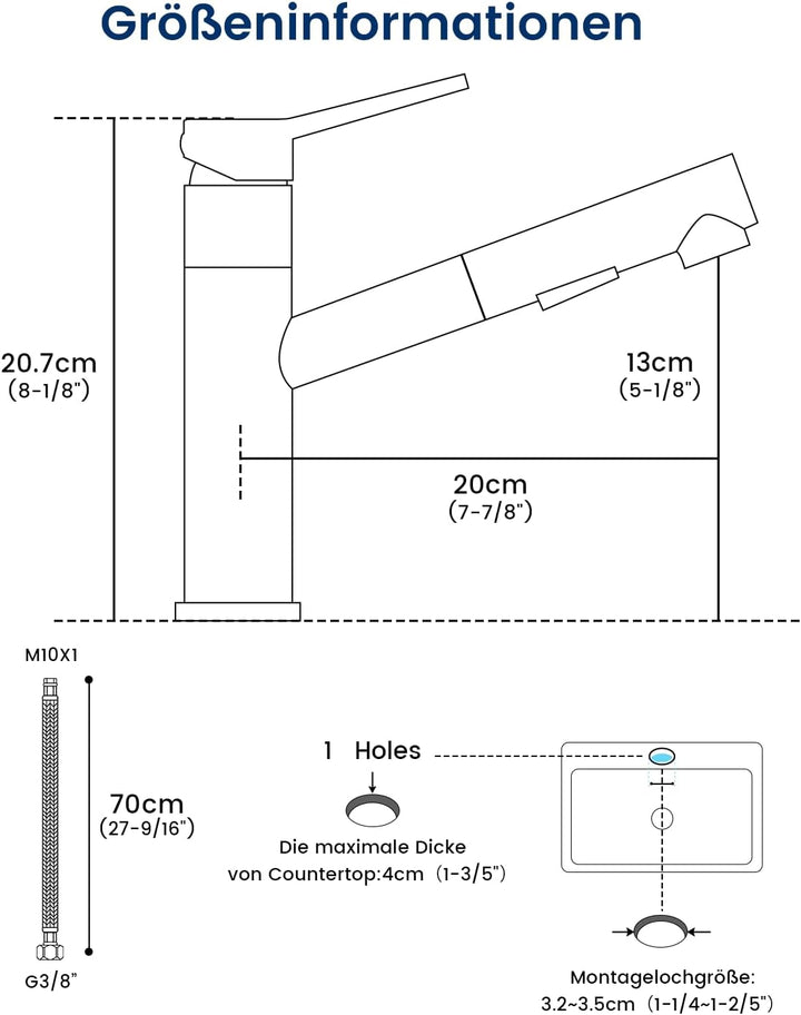 DAYONE Wasserhahn Küche, SUS304 Edelstahl Küchenarmatur Ausziehbar, Hochdruck Armatur Küche 120° Dre