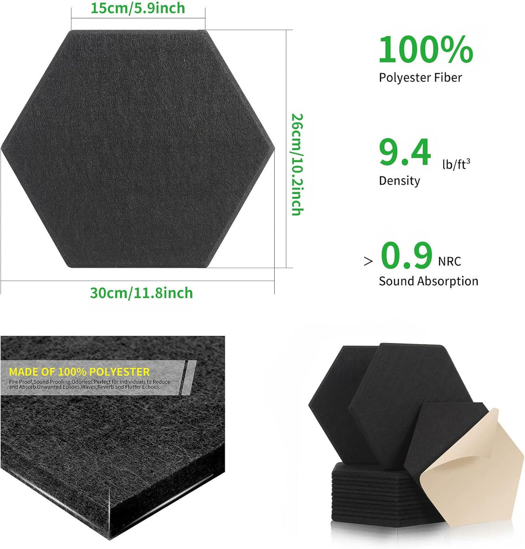 18 Stück Selbstklebend Akustik Panel,30x26x1cm Hexagon Akustik Absorber Schallschutzplatten Akustikp