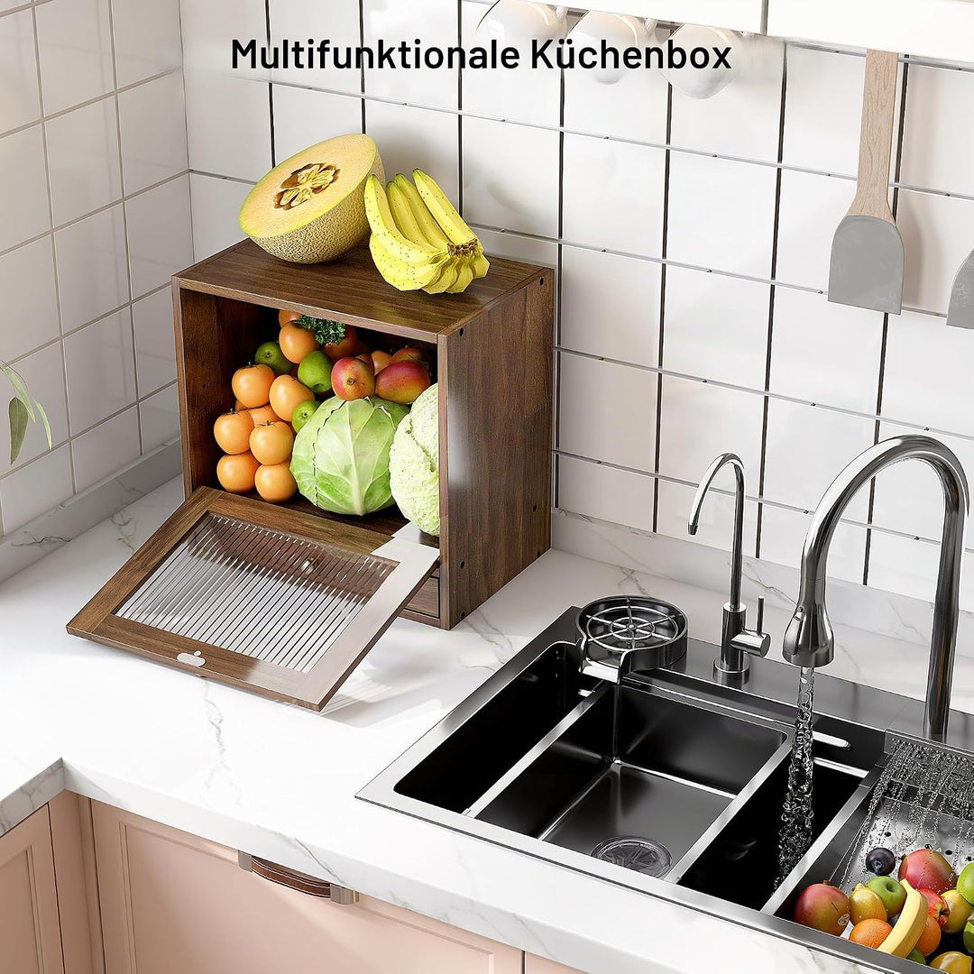 Alpeir Brotkasten Holz Gross 2 Etagen Brotbox mit Magnetisch Acryl Sichtfenster und Schublade, Ecke