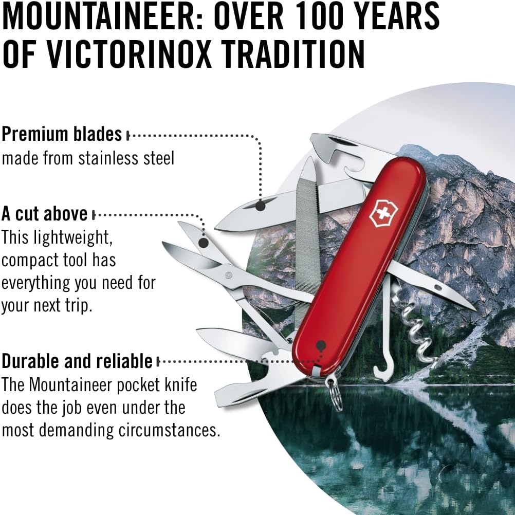 Victorinox, Taschenmesser, Mountaineer, 91 mm, rot (18 Funktionen, Klinge, Korkenzieher, Dosenöffner