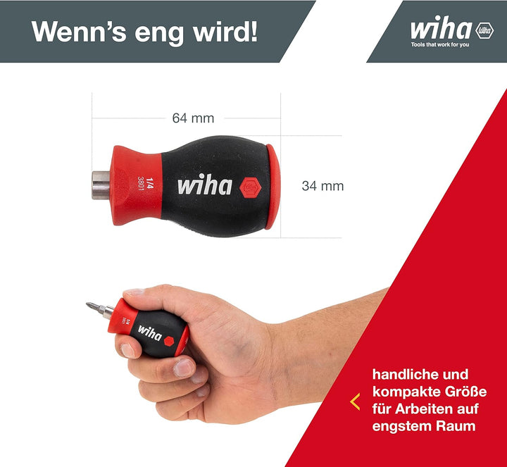 Wiha Schraubendreher Stubby mit Bit Magazin magnetisch (33736) I Schlitz, Kreuz I mit 6 Bits, 1/4" S