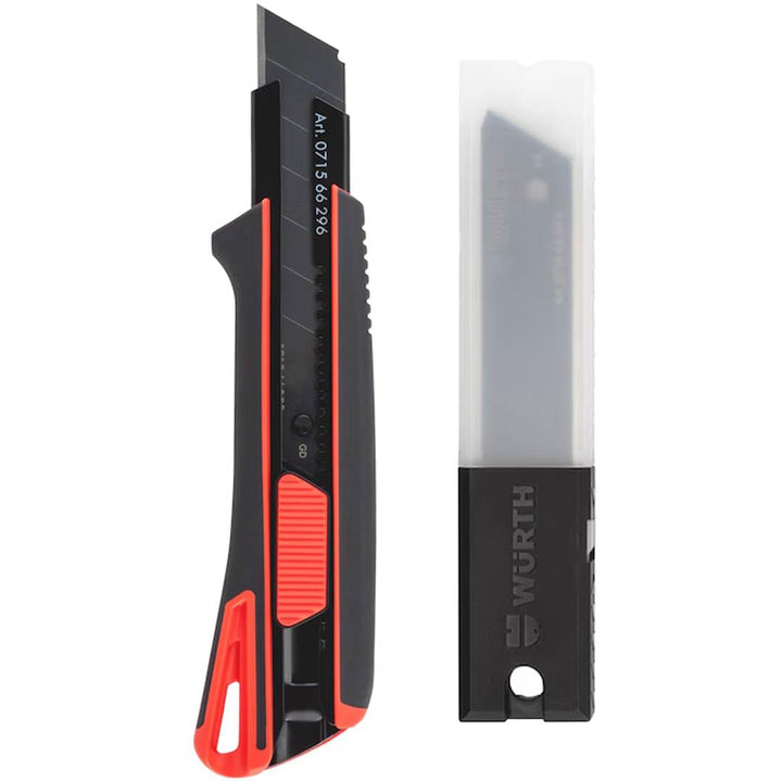 Würth 2K Cuttermesser 25mm inkl. 1 + 10 Abbrechklingen extrem scharf schwarz 071566296 Teppichmesser