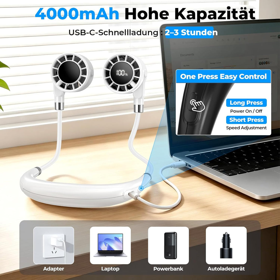 Nackenventilator, Tragbarer Halsventilator mit 4000 mAh Akku, 6 Stufen & 360° Luftstrom, Extrem Leis