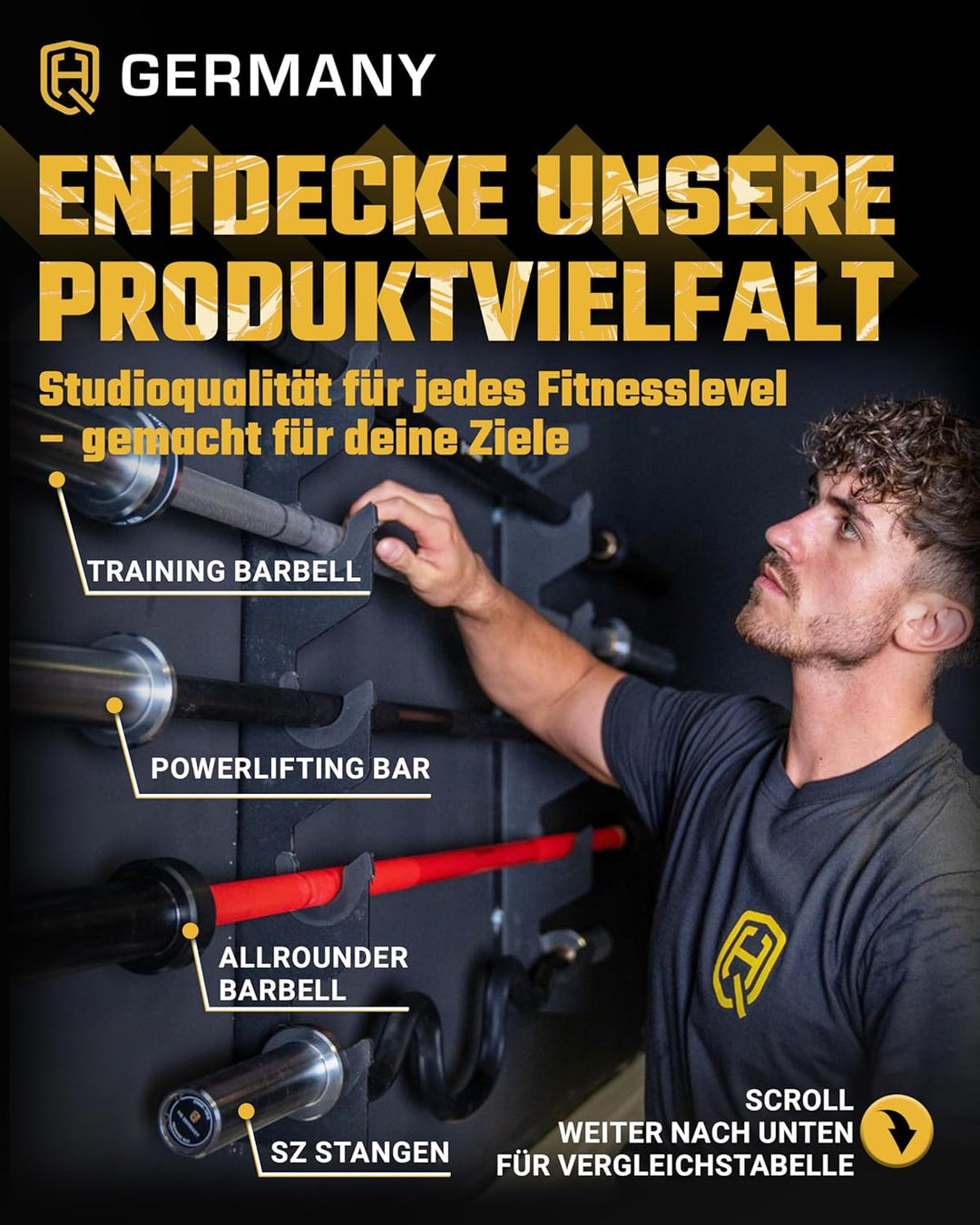 HQ Germany® Powerlifting Olympia Langhantelstange | 50mm, 220cm | 6 Graphitlager | 200.000 PSI, 700k