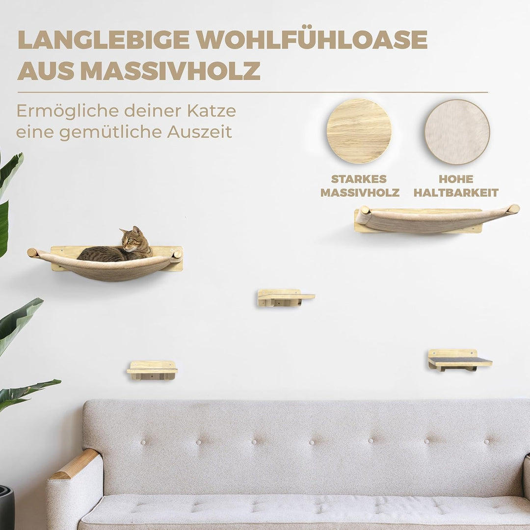 WOOWOOD® 2X Kletterwand Katzen - 2X Katzentreppe Wand [Vollholz] - Kratzbaum Wand - Hängematte Katze