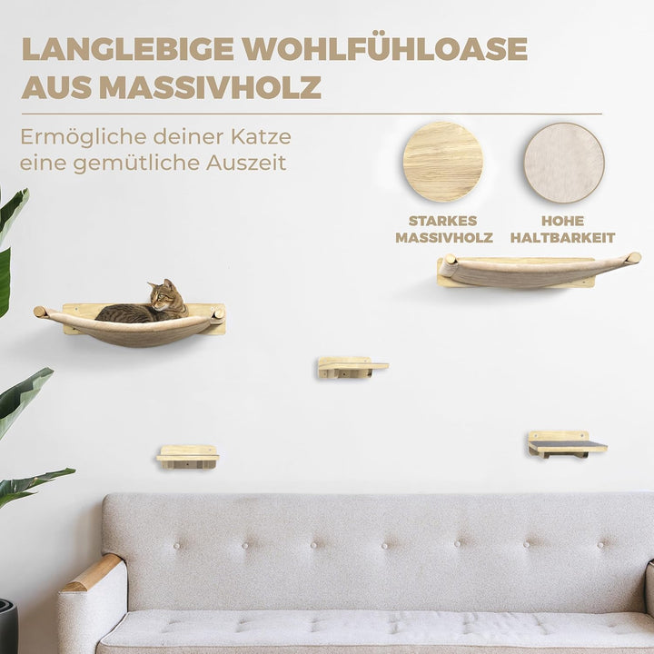 WOOWOOD® 2X Kletterwand Katzen - 2X Katzentreppe Wand [Vollholz] - Kratzbaum Wand - Hängematte Katze
