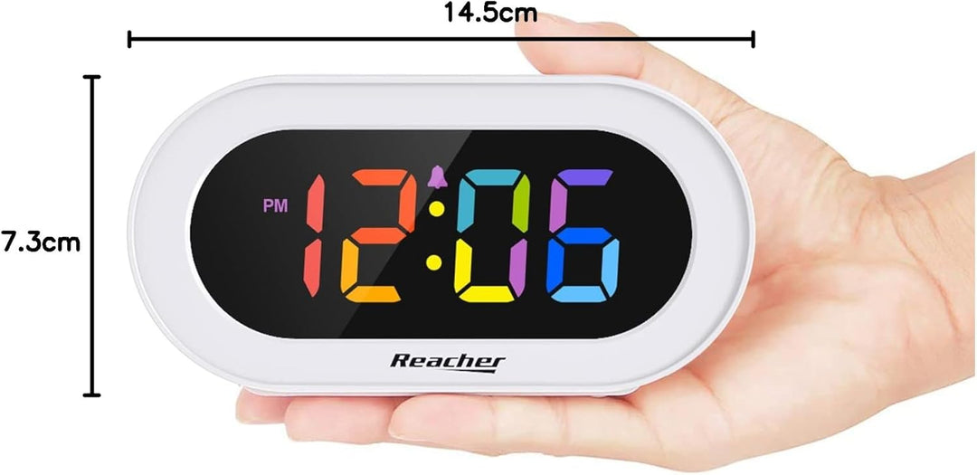 REACHER Kleiner Bunter LED Digital Wecker mit Snooze, Einfach zu Bedienen, Helligkeitsdimmer, Einste