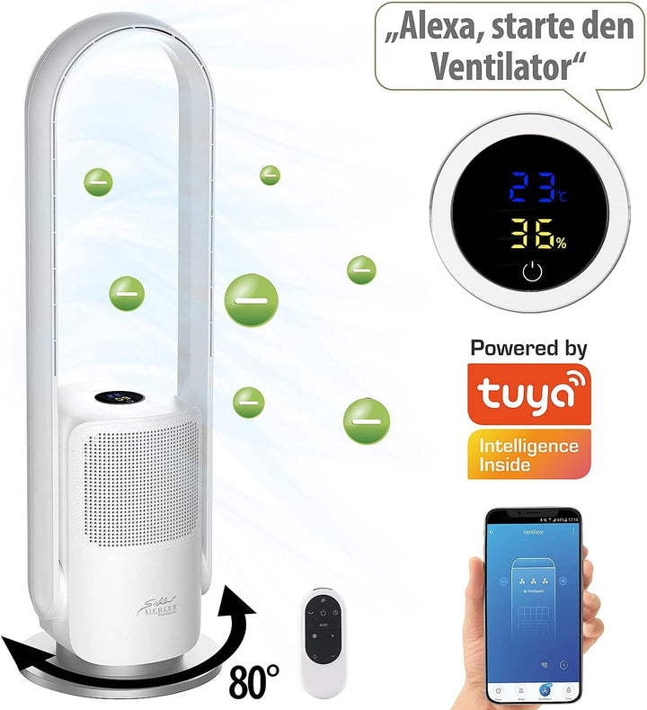 Sichler Haushaltsgeräte Turmventilator: Rotorloser 2in1-360°-Ventilator & Luftreiniger, WLAN, App, H