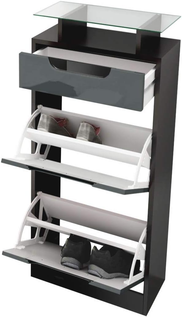 Vladon Schuhschrank Schuhkipper Fiesta V2, Korpus in Schwarz matt/Front in Avola-Anthrazit mit Abset