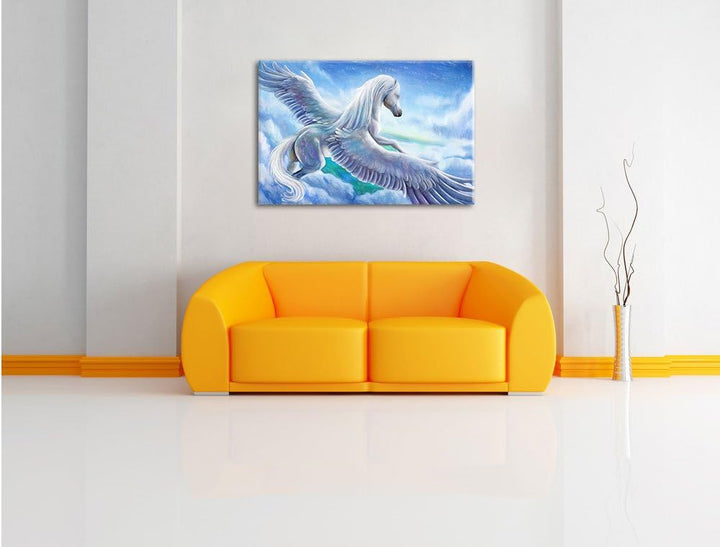 Pixxprint Pegasus fliegt über den Wolken Kunst Buntstift Effekt, Format: 100x70 auf Leinwand, 100x70