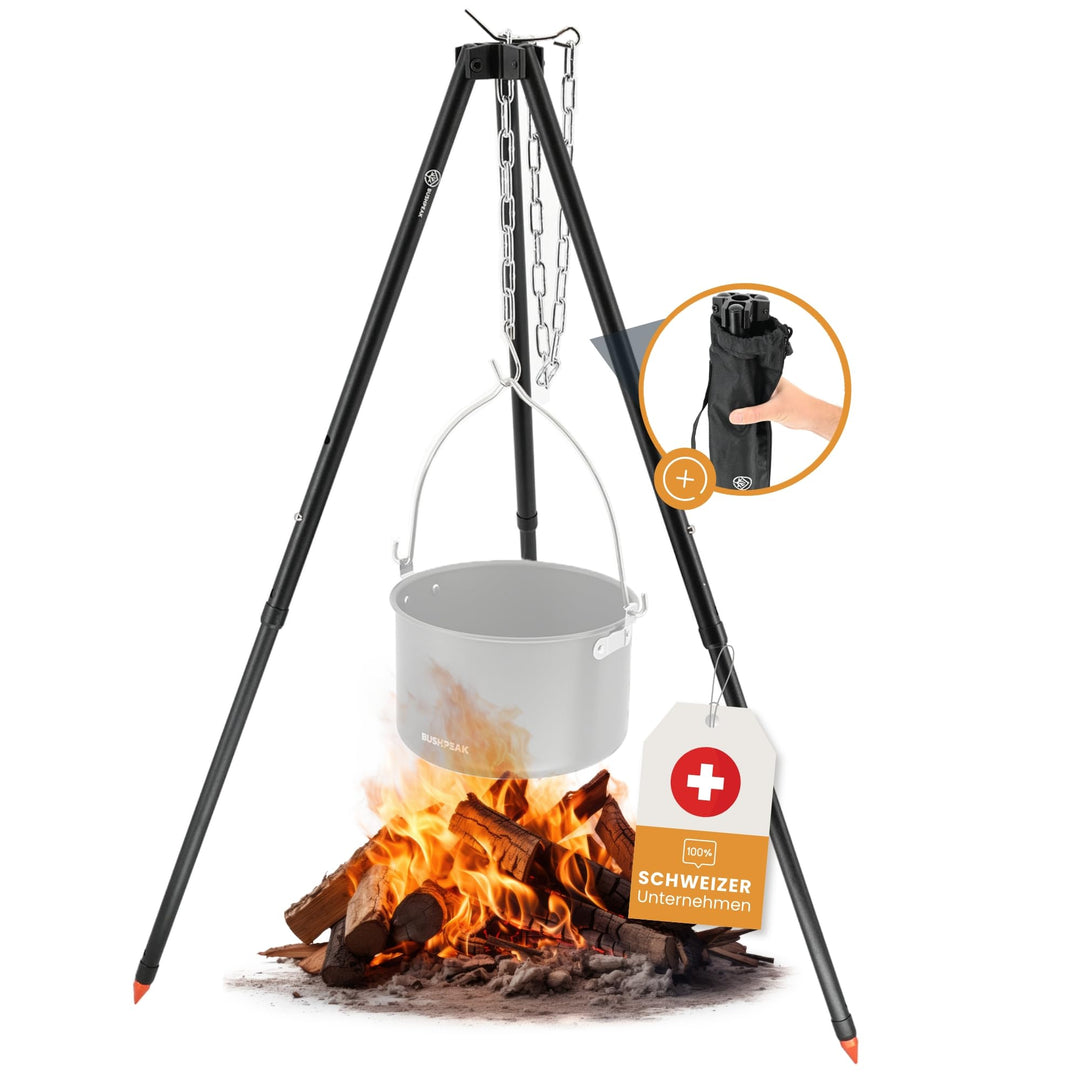 Grill Dreibein Camping Alustand Compact 124cm - Verstellbarer Schwenkgrill höhenverstellbar inklusiv