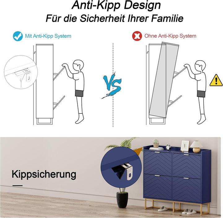 UEV Schuhschrank schmal mit 4 Klappen, 100x24x103,5cm Schuhregal (Blau) | Schuhkommode Geschlossen m