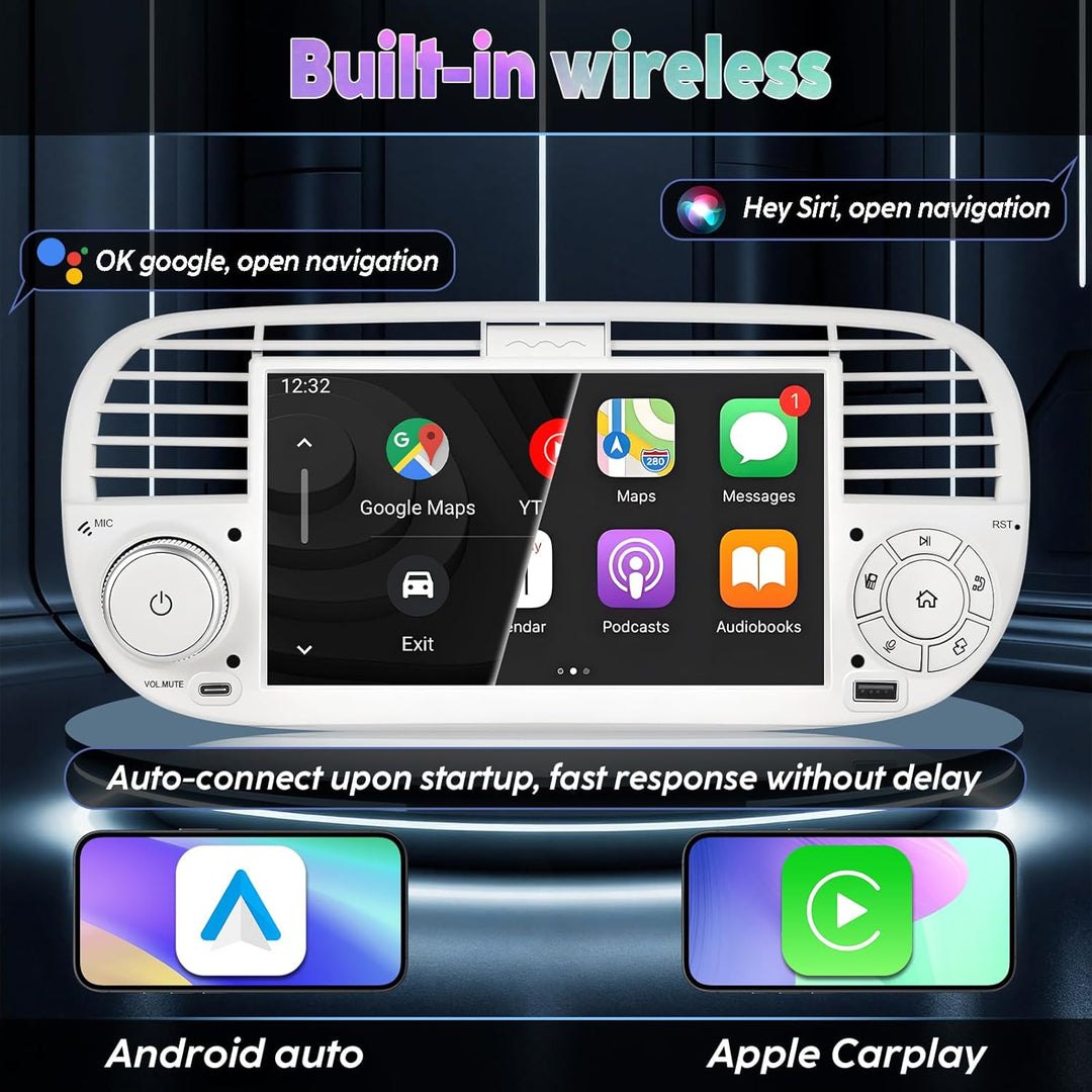 Autoradio mit Bildschirm für FIAT 500 (2007-2015) | Integriertes drahtloses CarPlay & Android Auto |