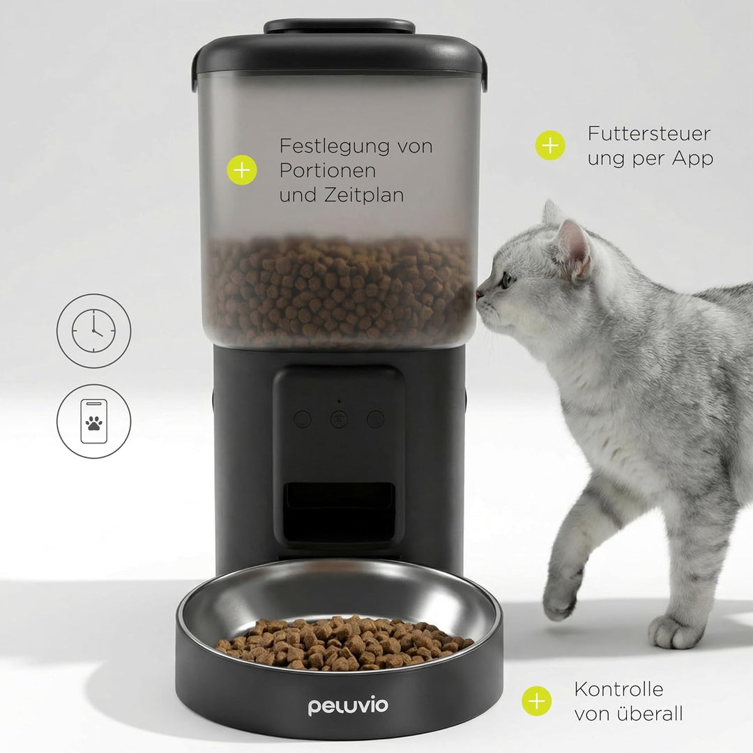 Crispy Wi-Fi Katzenfutterautomat mit App und WLAN, Portionskontrolle und Timer, Edelstahl-Napf, Batt