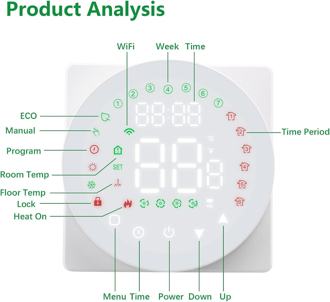 Wengart WiFi-Thermostat WG908, AC230V 5A 2,4 GHz TUYA APP Wochenprogrammierung mit Farb-LCD-Display,
