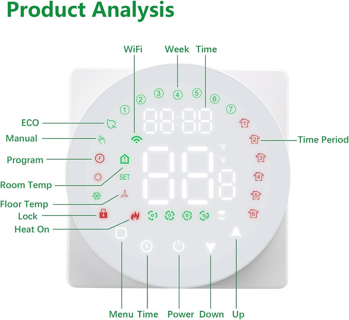 Wengart WiFi-Thermostat WG908, AC230V 5A 2,4 GHz TUYA APP Wochenprogrammierung mit Farb-LCD-Display,