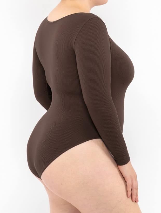 LEELA LAB Bodysuit Damen Grösse Grössen Langarm Gerippter Body, Verstellbarem Verschluss, Nahtloser