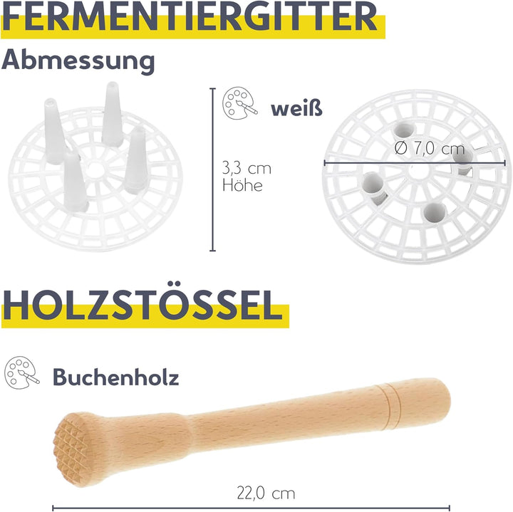 mikken Fermentier Starter Set 6 Fermentiergläser 540 ml mit Gitter, Deckel und Holzstampfer