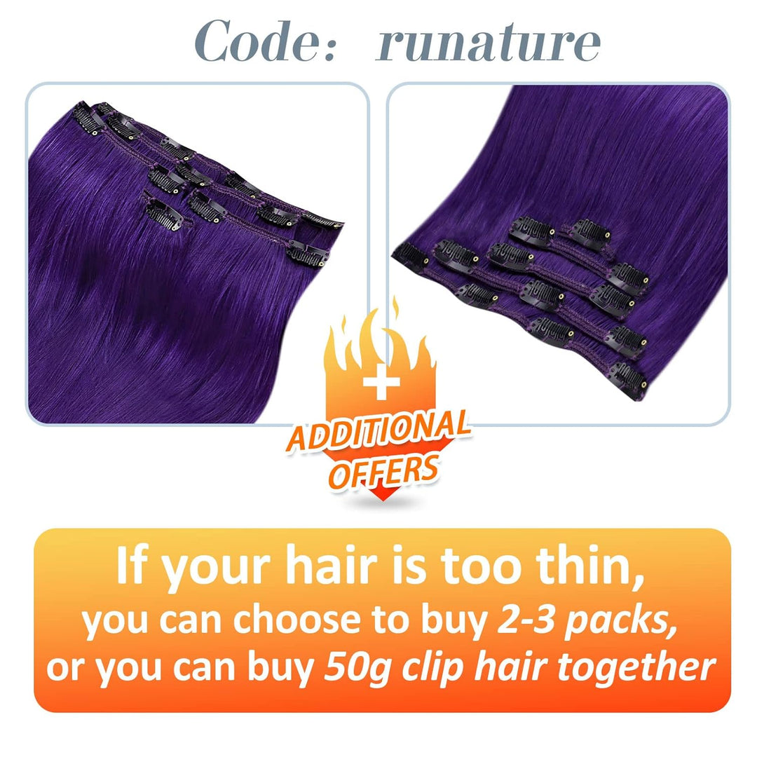 RUNATURE Lila Clip in Echthaar Extensions 50cm Purple Clip Extension Glatt 70g Lila Haarverlängerung