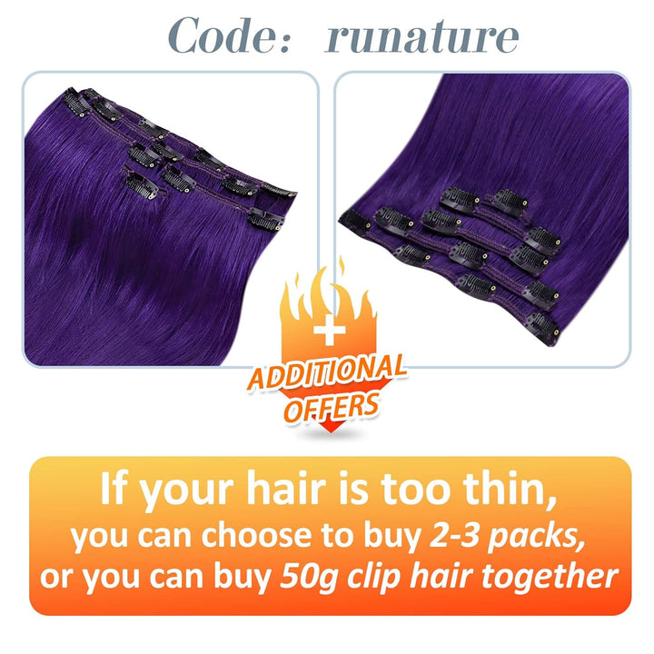 RUNATURE Lila Clip in Echthaar Extensions 50cm Purple Clip Extension Glatt 70g Lila Haarverlängerung