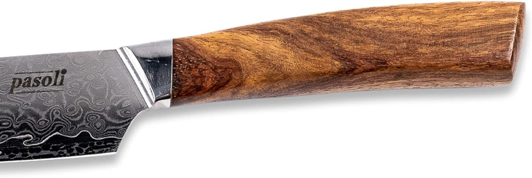 pasoli Damast Santoku-Messer inkl. Klingenschutz | 67-lagiger VG-10 Damaszener-Stahl | scharfe 13 cm