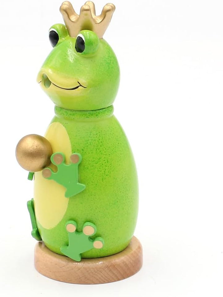 Holz Räuchermann, Räucherfigur, Räuchermännchen als Froschkönig mit Krone und Goldener Kugel in grün