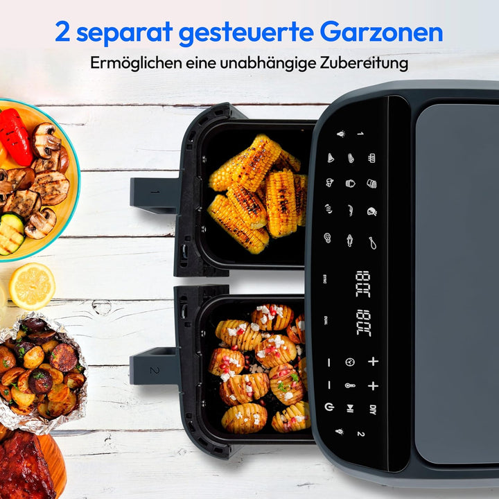 MEDION P20 XXL Heissluftfritteuse mit 2 Kammern (8,7 Liter, Airfryer, 2.600 Watt, Doppelkammer, 10 A