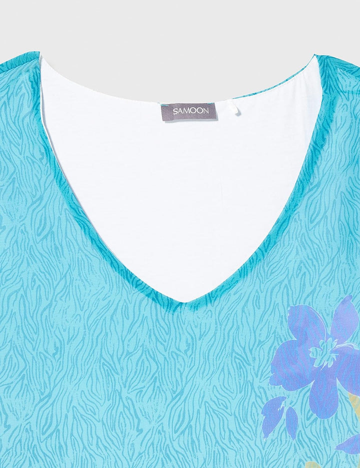 SAMOON Damen 271042-26210 T-Shirt, Cyan Gemustert, 56 Cyan Gemustert Westlich, Cyan Gemustert Westli