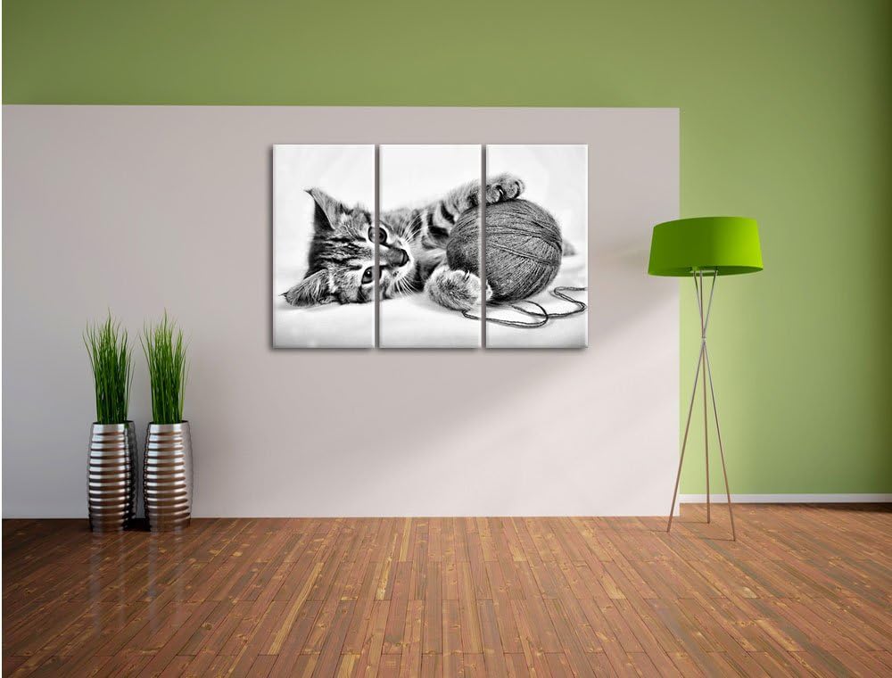 Pixxprint Kätzchen mit Wollknäuel als Leinwandbild/Grösse: 3 Teilig (120x80) cm/Wandbild/Kunstdruck/
