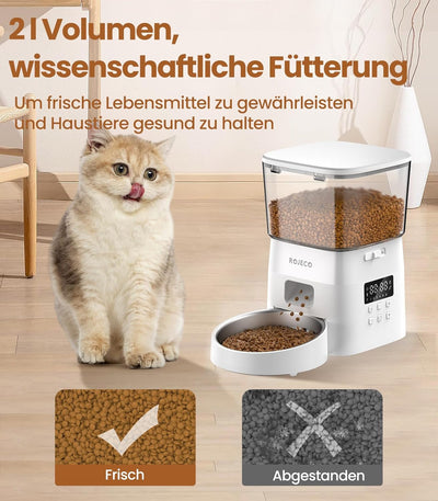 Futterautomat für Katzen, ROJECO Katzenfutter Automat Duale Stromversorgung, Katzen Futterautomaten,