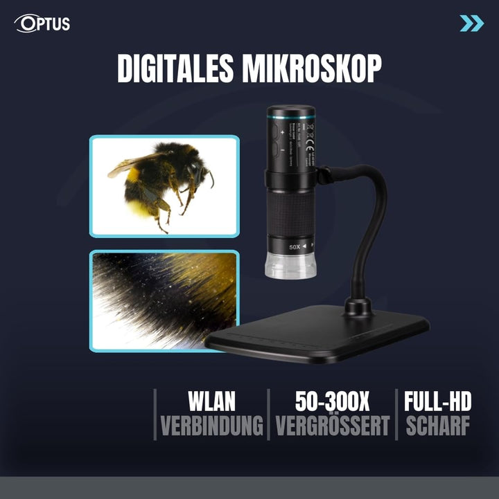 Optus Digitalmikroskop WLAN Full-HD 50x-300x mit Video- und Fotoaufnahme LED dimmbar für Handy, Tech