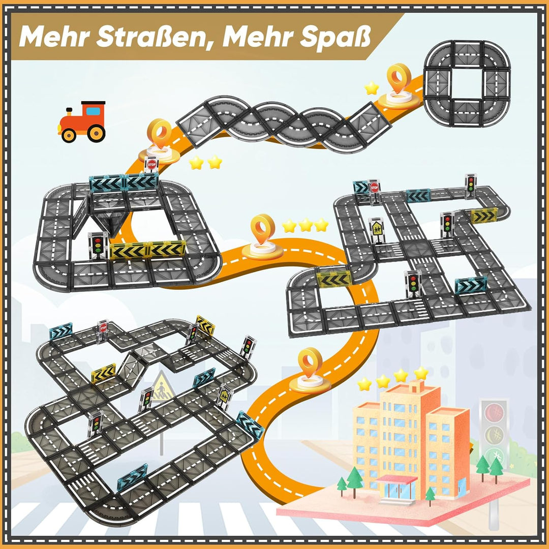 Magnetische Bausteine Strassenset, 52 Stück Magnet Fliesen Spiel Stadt Strassen, Magnetic Road Tiles