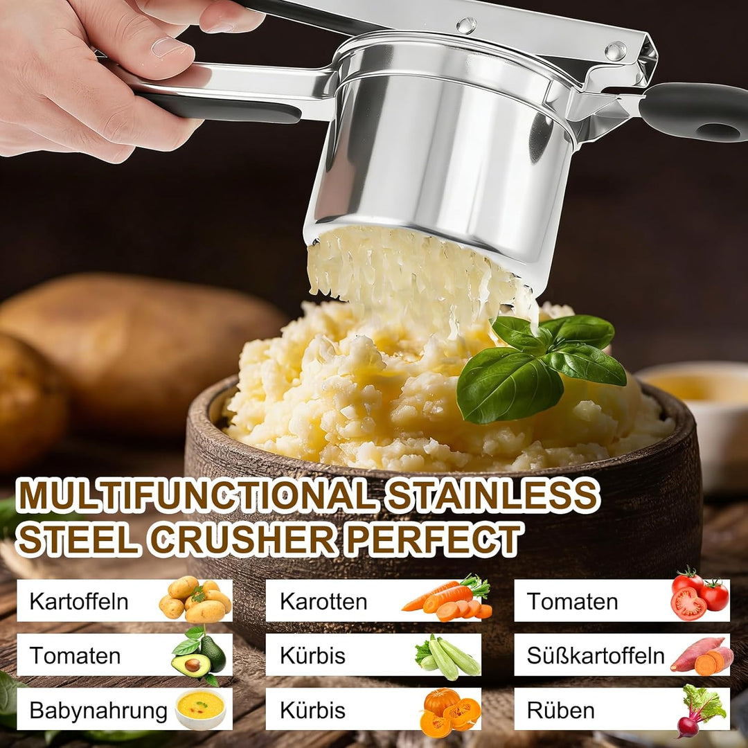 Kartoffelstampfer Edelstahl, Kartoffelpresse mit 4 Auswechselbaren Schneidplatten 3 Zubehörteile, zu