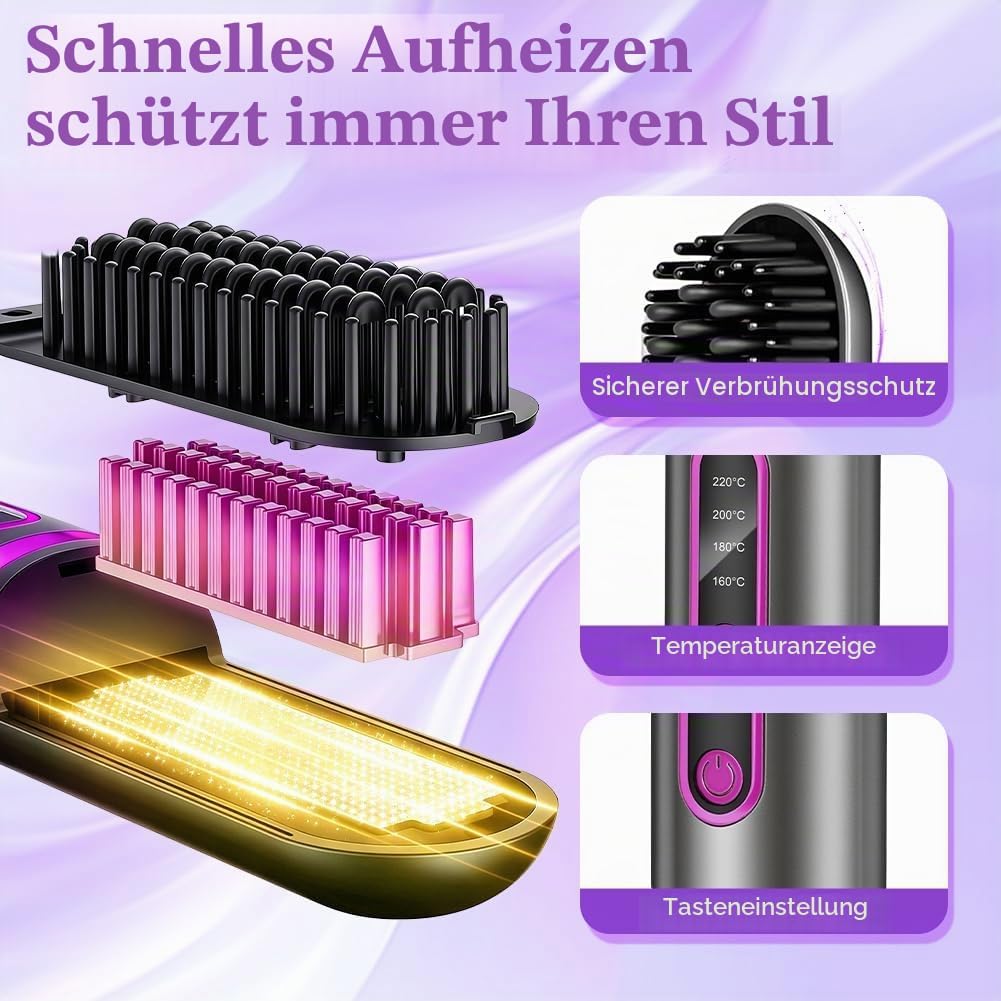 Glättbürste Kabellos, Tragbare Glättungsbürste für Haarstyling, 4 Wärmestufen, 160°C-200°C, Wiederau