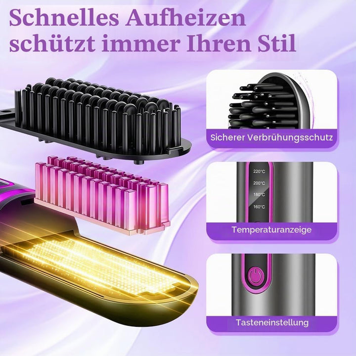 Glättbürste Kabellos, Tragbare Glättungsbürste für Haarstyling, 4 Wärmestufen, 160°C-200°C, Wiederau