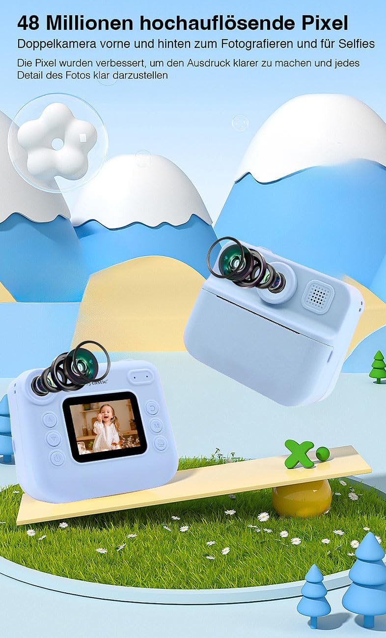 Kinderkamera: Kinder-Sofortbild-Kamera mit Selfie-Objektiv, 2"-Display, 48 MP, blau (Kamera mit Foto