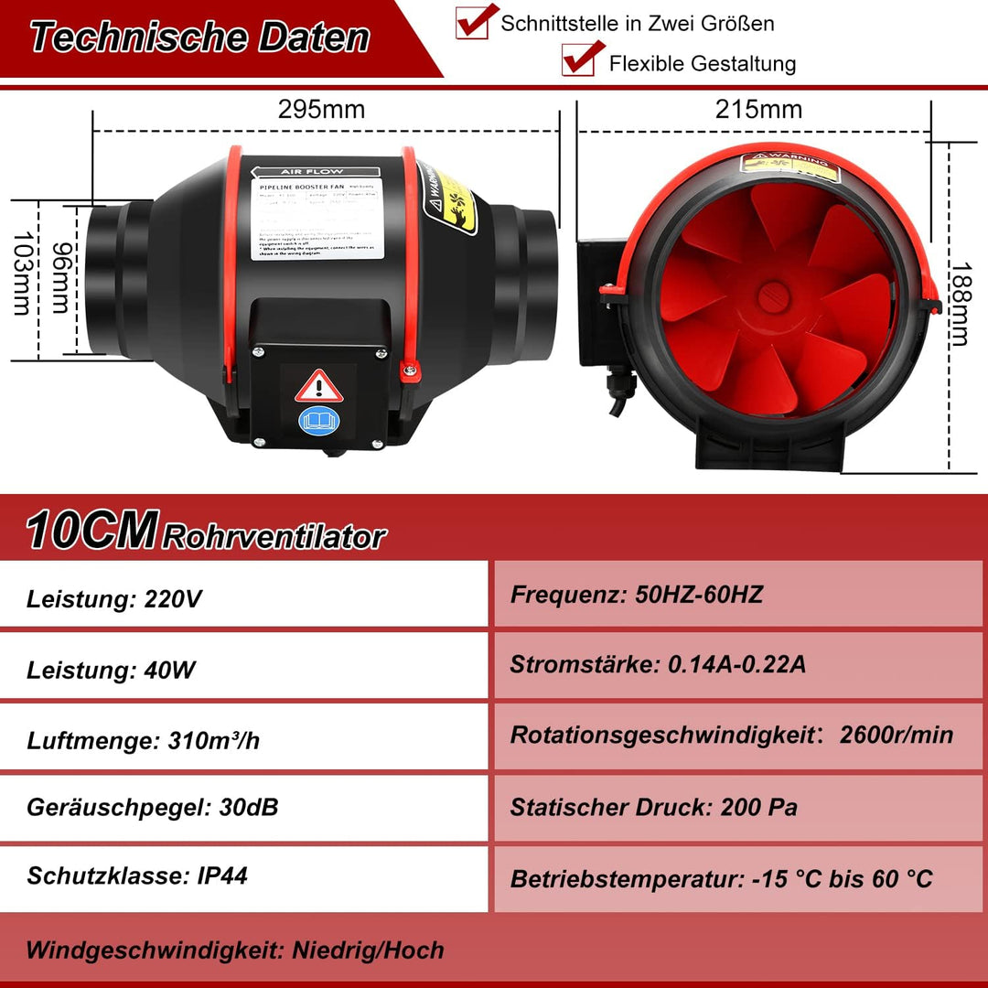 Yakimz 100 mm Rauchabzug Rohrventilator Inline-Kanalventilator,320 m3/h Abluftventilator Lüfter 220V
