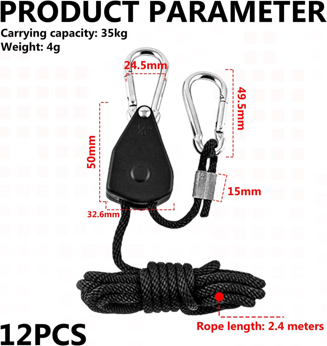 12 Stück Ratchet Hanger, Einstellbare Ratchet Seilratsche mit Haken 2,4m, 1/8 Zoll Seilaufhänger Sei