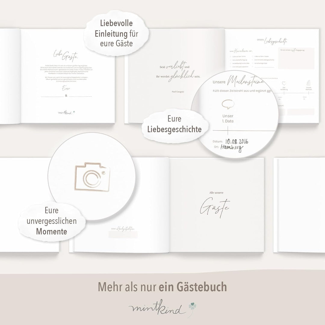 mintkind® Gästebuch Hochzeit zum Ausfüllen Offwhite inkl. 4 Stickerbögen | 84 Seiten zum kreativen G