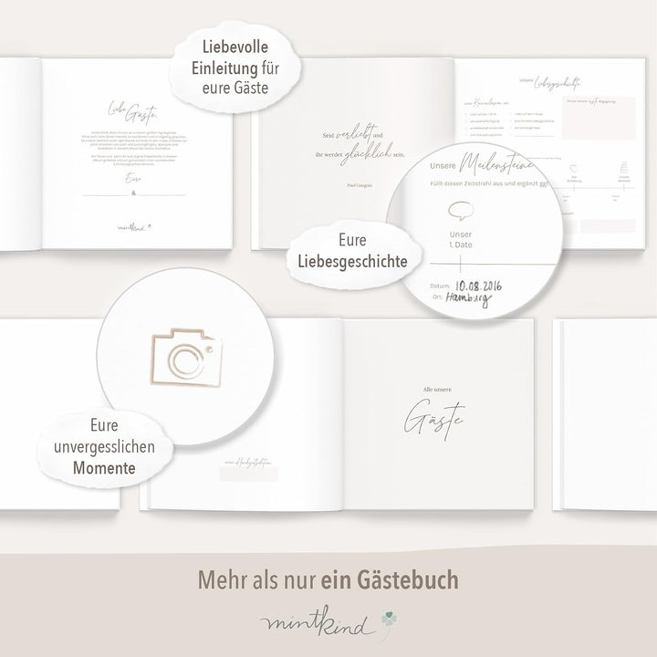 mintkind® Gästebuch Hochzeit zum Ausfüllen Offwhite inkl. 4 Stickerbögen | 84 Seiten zum kreativen G