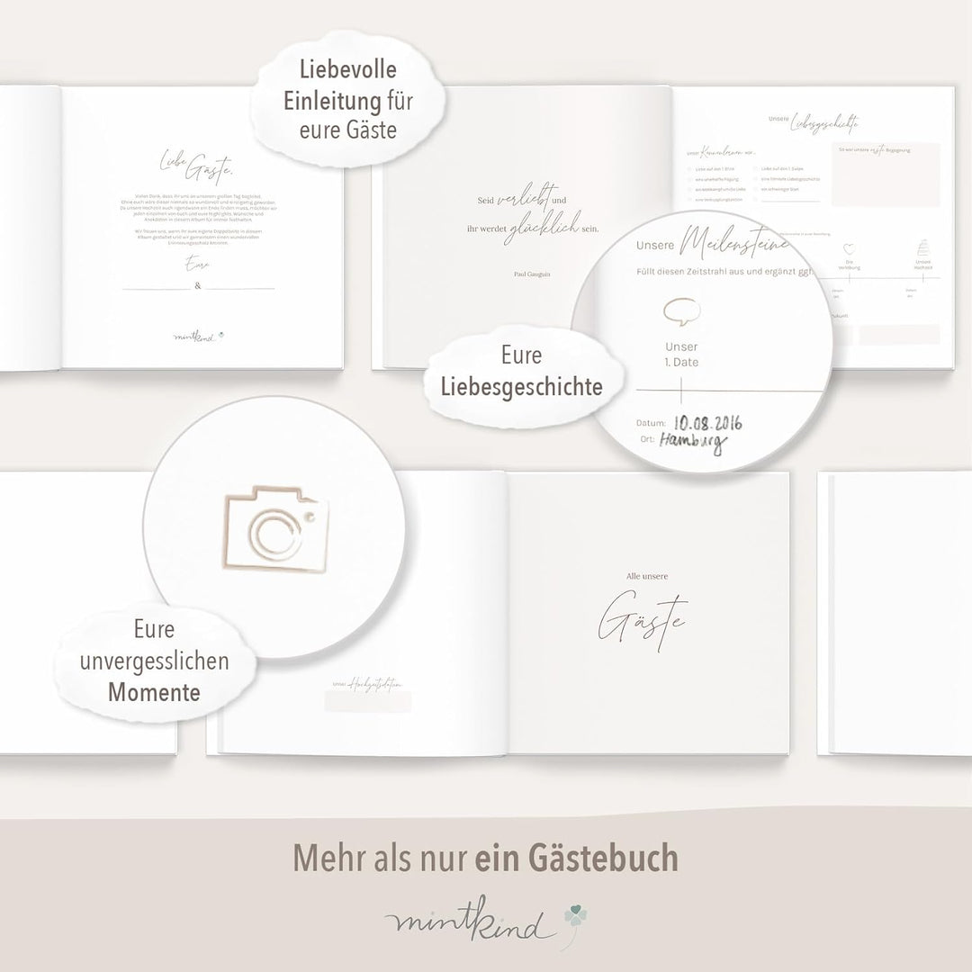 mintkind® Gästebuch Hochzeit zum Ausfüllen Beige inkl. 4 Stickerbögen | 84 Seiten zum kreativen Gest