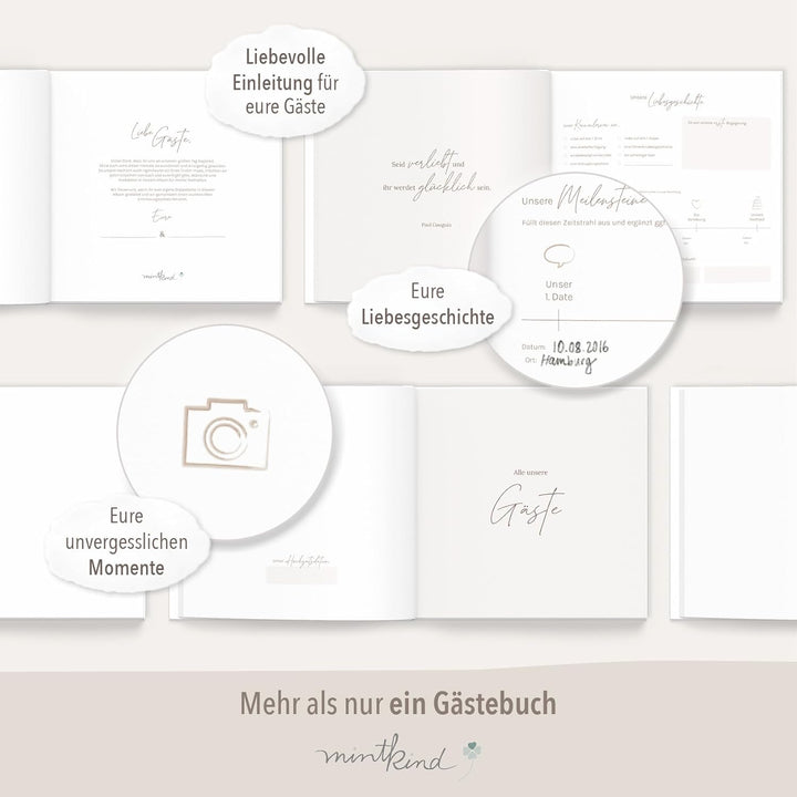 mintkind® Gästebuch Hochzeit zum Ausfüllen Beige inkl. 4 Stickerbögen | 84 Seiten zum kreativen Gest