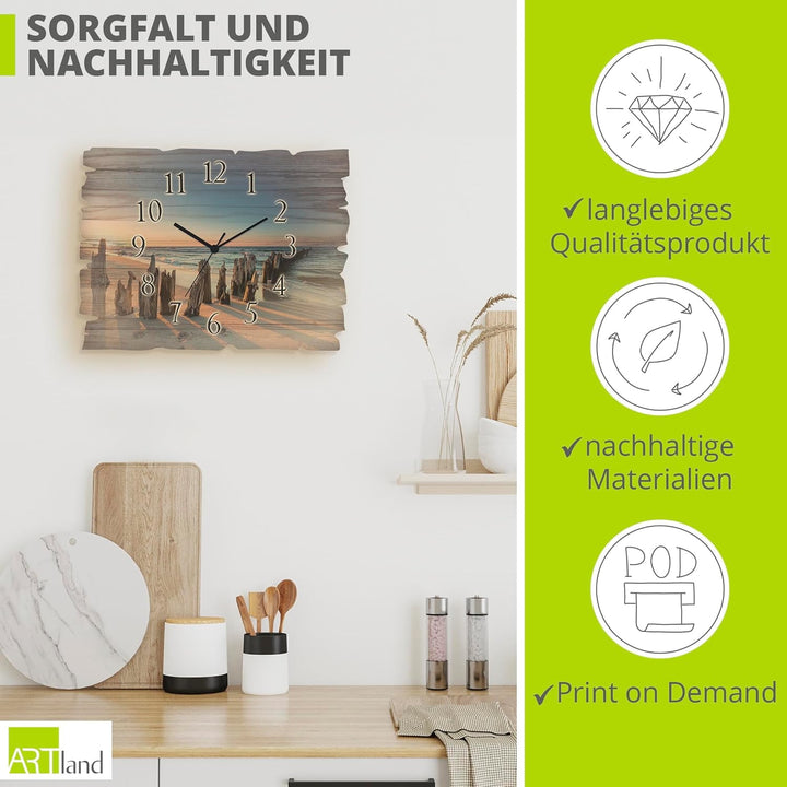 ARTLAND Wanduhr ohne Tickgeräusche aus Holz Funk Uhr lautlos 40x30 cm Rechteckig Strand Meer Ostsee