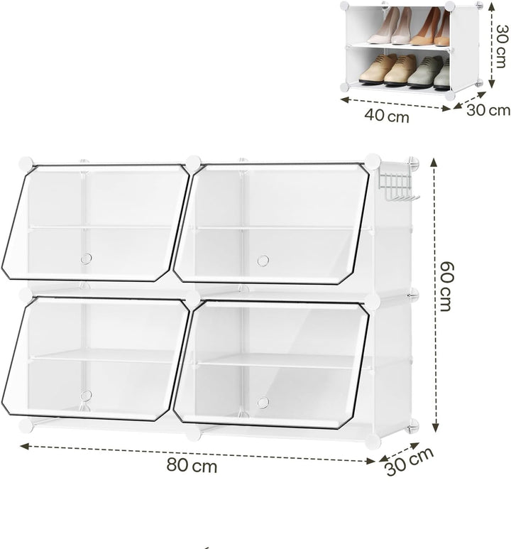WOLTU Schuhregal, Schuhschrank mit 4 Fächern, Platzsparend, Mit Haken, Schuhablage Kunststoff, für F